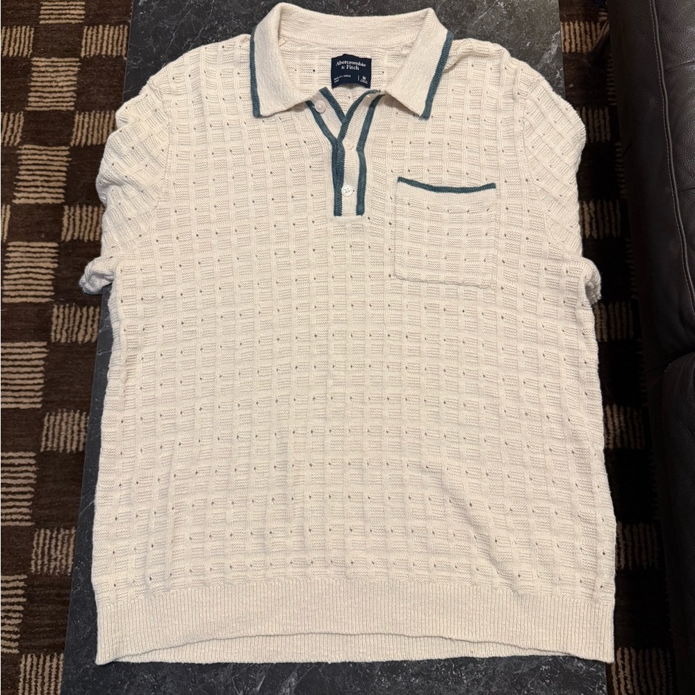 Men's Abercrombie & Fitch Cream Polo Shirt with Teal Accents